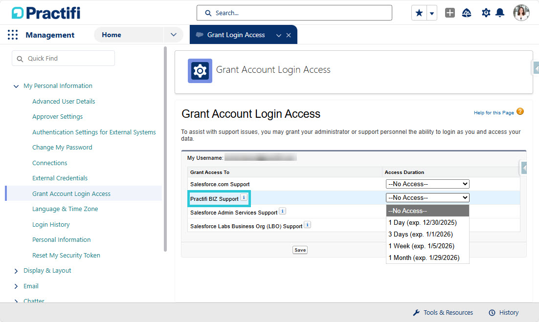 Screenshot of the Login Access screen with the Practifi Biz Support option highlighted.